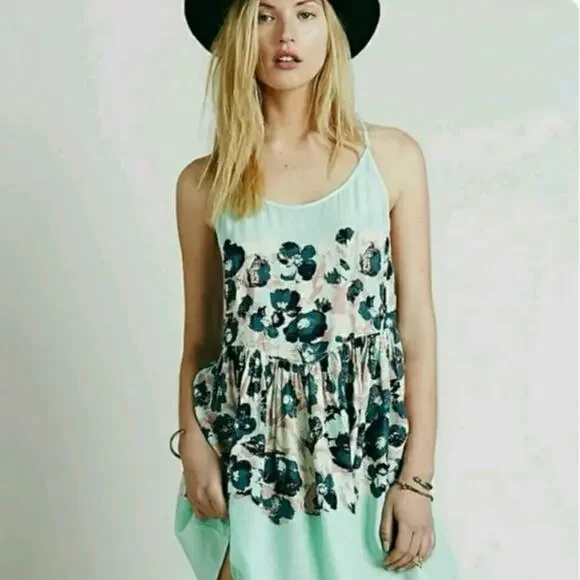 Free People Intimately Floral Strappy Trapeze Mini Dress Mint Green Small Petite - Picture 5 of 11